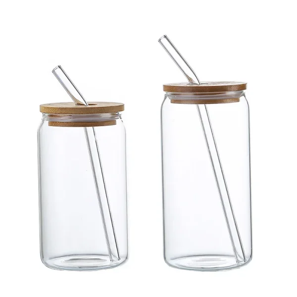 Creative Glass Cup Bamboo Lid Can Shape Tea Juice Milk Coffee Mug Glass Drinking Cup High Borosilicate Glass Durable Drinkware 5