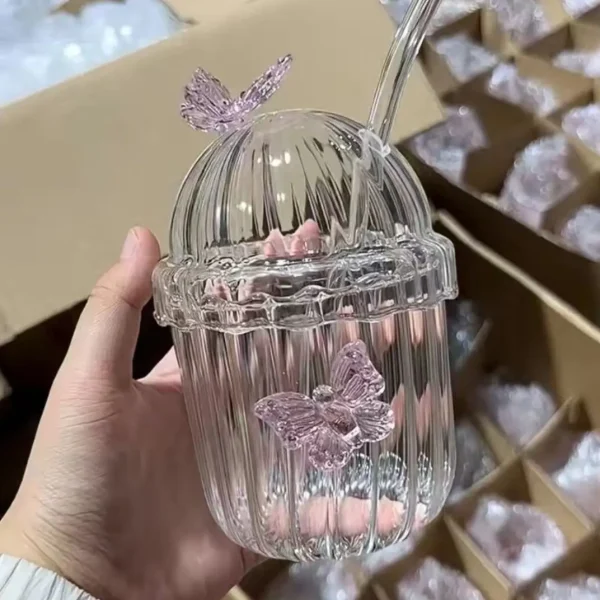 200/400ML Korean Style Glass Cup Butterfly Design Round Glass Drinkware Heatable for Coffee Milk Hot Cold Drinks Juice Cup 5
