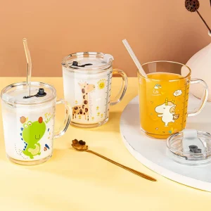 350ml Cute Unicorn Children Milk Cup With Scale Transparent Breakfast Cup With Straw Lid Cartoon Glass Cup For Kids Drinkware 1