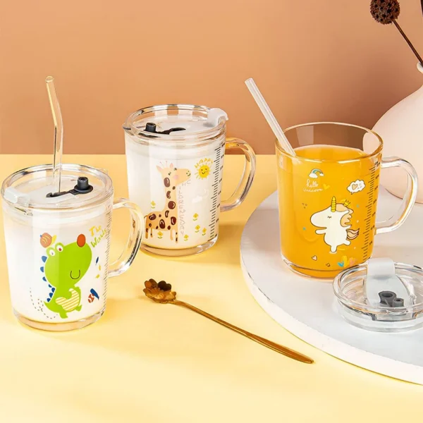 350ml Cute Unicorn Children Milk Cup With Scale Transparent Breakfast Cup With Straw Lid Cartoon Glass Cup For Kids Drinkware 1