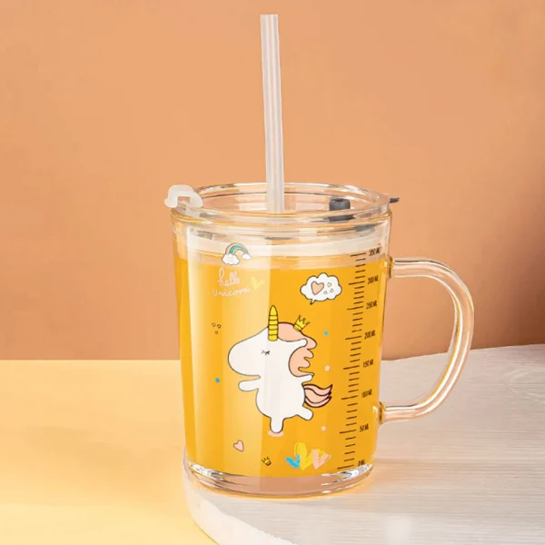 350ml Cute Unicorn Children Milk Cup With Scale Transparent Breakfast Cup With Straw Lid Cartoon Glass Cup For Kids Drinkware 2