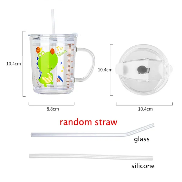 350ml Cute Unicorn Children Milk Cup With Scale Transparent Breakfast Cup With Straw Lid Cartoon Glass Cup For Kids Drinkware 6