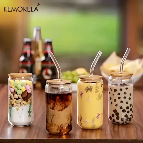 18.6OZ 1/2/4PCS  Glass Cup With Lid and Straw Transparent Bubble Tea Cup Glass Beer Can Milk Mocha Cups 550ML Mug Drinkware 4