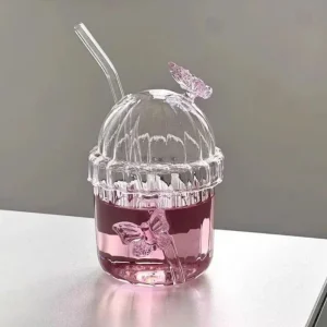 400ML Glass Cup with Lid and Straw, Butterfly Design Round Glass Drinkware, Multipurpose for Coffee, Milk, Cold Drinks, Juice 1