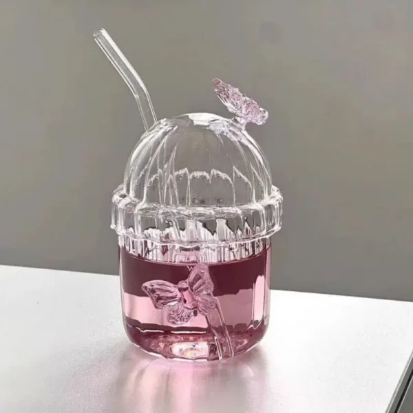 400ML Glass Cup with Lid and Straw, Butterfly Design Round Glass Drinkware, Multipurpose for Coffee, Milk, Cold Drinks, Juice 1