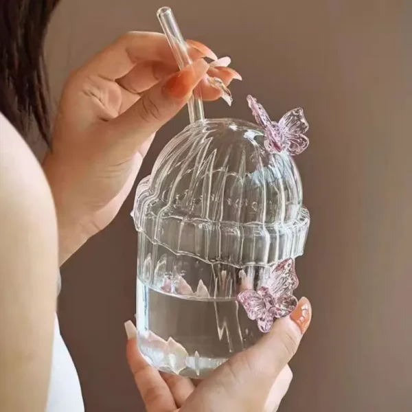 400ML Glass Cup with Lid and Straw, Butterfly Design Round Glass Drinkware, Multipurpose for Coffee, Milk, Cold Drinks, Juice 2