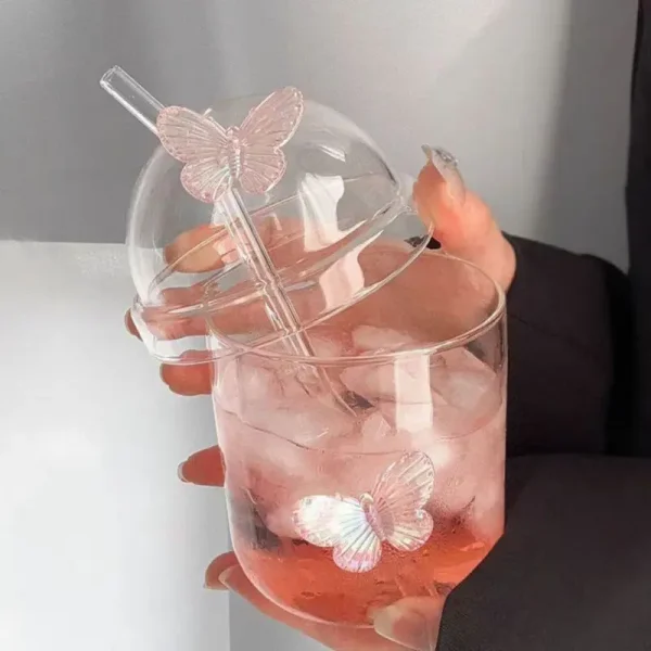 400ML Glass Cup with Lid and Straw, Butterfly Design Round Glass Drinkware, Multipurpose for Coffee, Milk, Cold Drinks, Juice 3