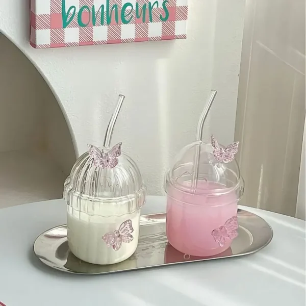400ML Glass Cup with Lid and Straw, Butterfly Design Round Glass Drinkware, Multipurpose for Coffee, Milk, Cold Drinks, Juice 4