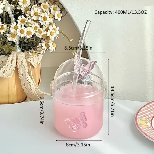 400ML Glass Cup with Lid and Straw, Butterfly Design Round Glass Drinkware, Multipurpose for Coffee, Milk, Cold Drinks, Juice 5