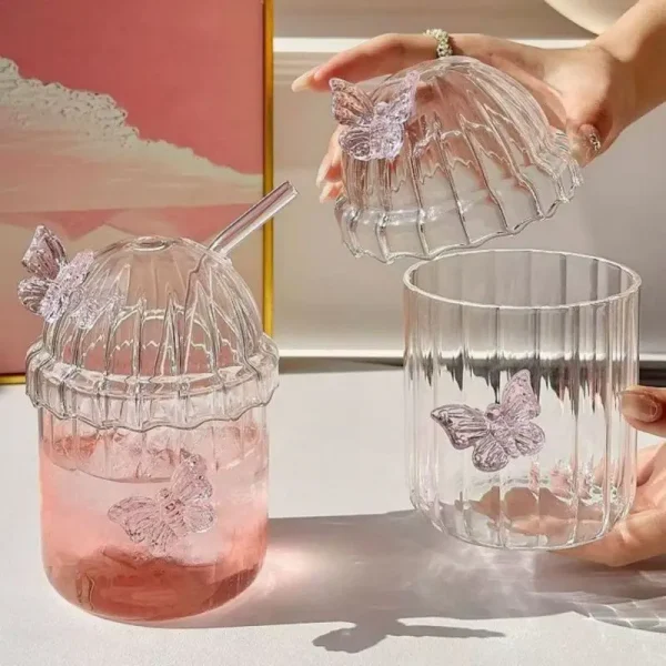400ML Glass Cup with Lid and Straw, Butterfly Design Round Glass Drinkware, Multipurpose for Coffee, Milk, Cold Drinks, Juice 6