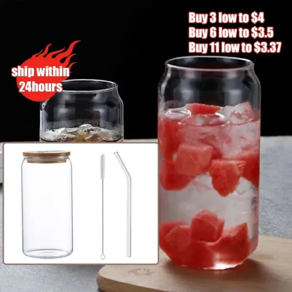 Creative Can Shape Tea Juice Milk Glass Cup Bamboo Lid Coffee Mug Glass Drink Cup High Borosilicate Glass Drinkware Durable 1