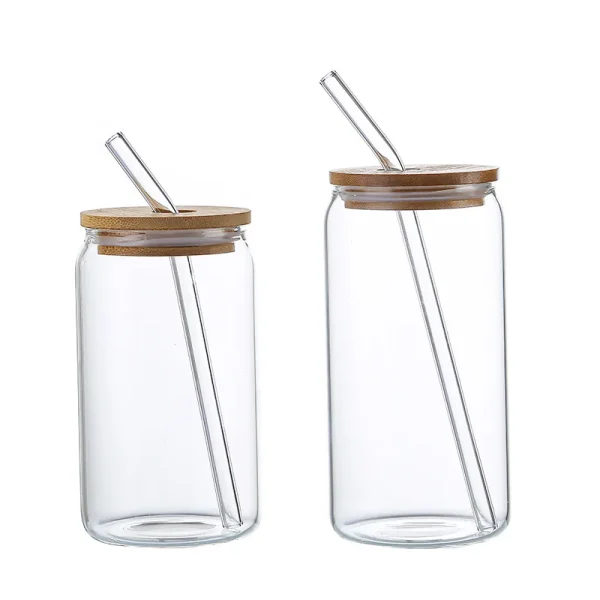 Creative Can Shape Tea Juice Milk Glass Cup Bamboo Lid Coffee Mug Glass Drink Cup High Borosilicate Glass Drinkware Durable 5