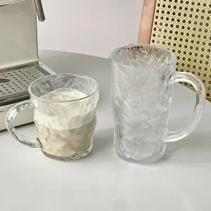 2pcs Set Beverage Cup Glass Drinkware Glacier Patterned Glass Cup with Handle Household Juice Mug Cocktail Cups Drinking Glasses 1