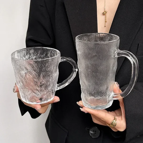 2pcs Set Beverage Cup Glass Drinkware Glacier Patterned Glass Cup with Handle Household Juice Mug Cocktail Cups Drinking Glasses 2
