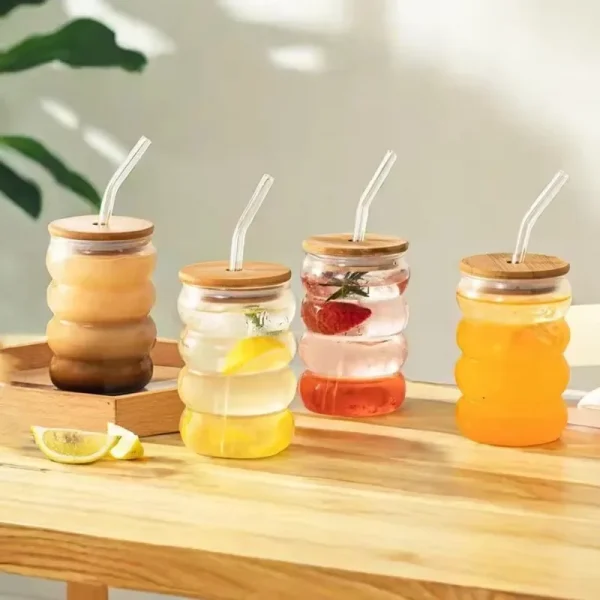 1/2/4PCS Creative Glass Cup with Lid Straw Heat-resistant Wave Cup Beer Juice Ice Coffee Cups Cocktail Fruit Glass Drinkware 1