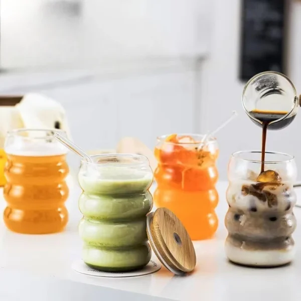 1/2/4PCS Creative Glass Cup with Lid Straw Heat-resistant Wave Cup Beer Juice Ice Coffee Cups Cocktail Fruit Glass Drinkware 2