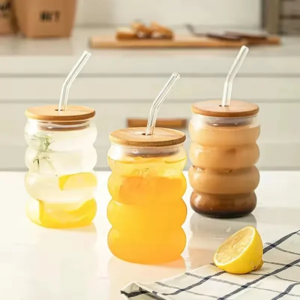 1/2/4PCS Creative Glass Cup with Lid Straw Heat-resistant Wave Cup Beer Juice Ice Coffee Cups Cocktail Fruit Glass Drinkware 3