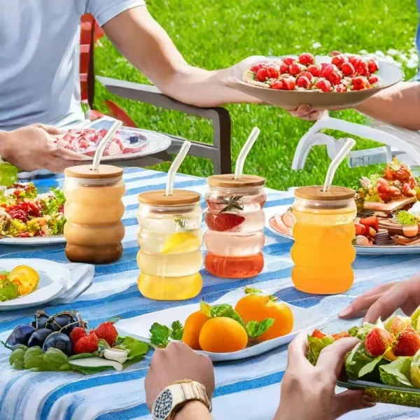 1/2/4PCS Creative Glass Cup with Lid Straw Heat-resistant Wave Cup Beer Juice Ice Coffee Cups Cocktail Fruit Glass Drinkware 5