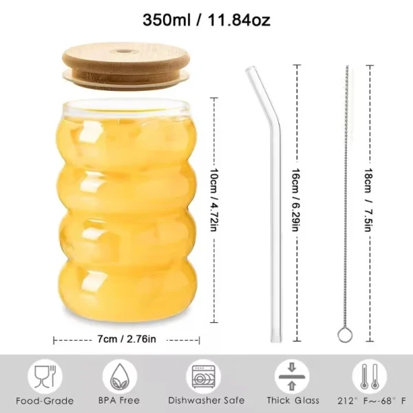 1/2/4PCS Creative Glass Cup with Lid Straw Heat-resistant Wave Cup Beer Juice Ice Coffee Cups Cocktail Fruit Glass Drinkware 6