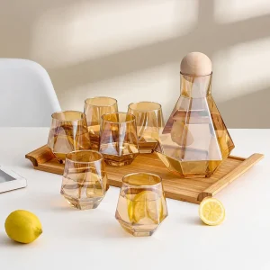 Luxury Diamond Shape Glass Water Kettle with Natural Wood Ball Lid Clear Cold Water Jug Juice Beverage Pitcher Home Drinkware 1