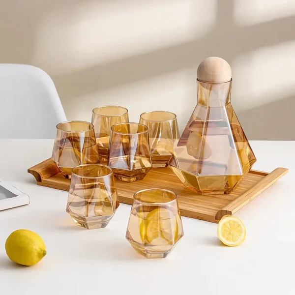 Luxury Diamond Shape Glass Water Kettle with Natural Wood Ball Lid Clear Cold Water Jug Juice Beverage Pitcher Home Drinkware 1