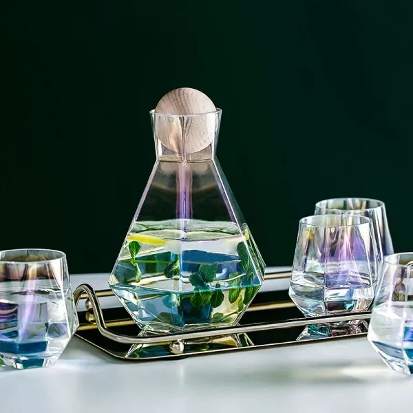 Luxury Diamond Shape Glass Water Kettle with Natural Wood Ball Lid Clear Cold Water Jug Juice Beverage Pitcher Home Drinkware 2