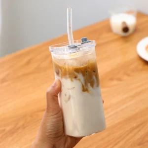 400ml Square Heat Resistant Coffee Glass Cup With Lid And Straw Transparent Milk Tea Juice Cups Coffee Mug Home Bar Drinkware 1