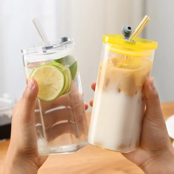 400ml Square Heat Resistant Coffee Glass Cup With Lid And Straw Transparent Milk Tea Juice Cups Coffee Mug Home Bar Drinkware 2