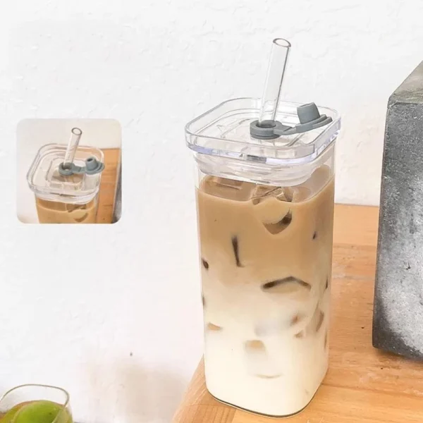 400ml Square Heat Resistant Coffee Glass Cup With Lid And Straw Transparent Milk Tea Juice Cups Coffee Mug Home Bar Drinkware 4