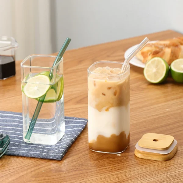 400ml Square Heat Resistant Coffee Glass Cup With Lid And Straw Transparent Milk Tea Juice Cups Coffee Mug Home Bar Drinkware 6