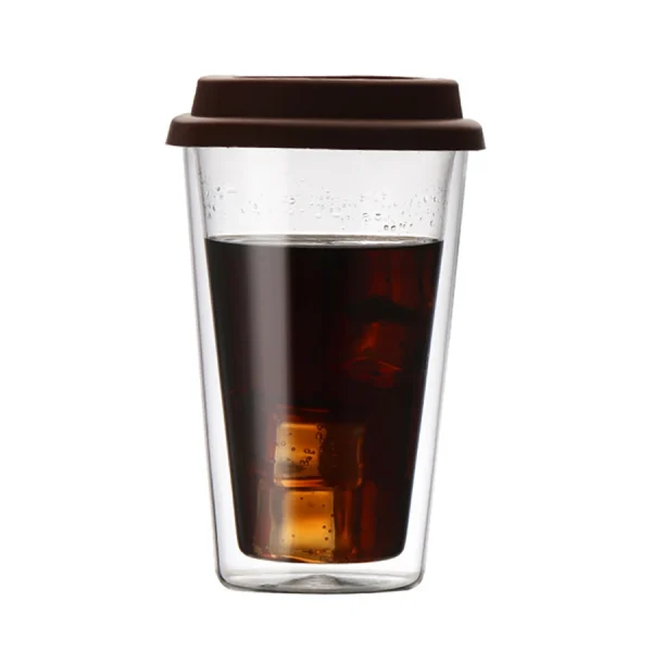 Double Walled Glass Coffee Mugs with Silicone Lids 350ml/12oz Reusable Glass Coffee Cups Insulated Hot/Cold Drinkware Cup 1