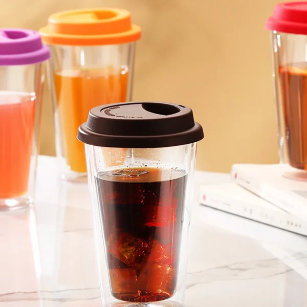 Double Walled Glass Coffee Mugs with Silicone Lids 350ml/12oz Reusable Glass Coffee Cups Insulated Hot/Cold Drinkware Cup 3