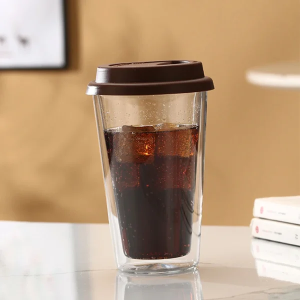 Double Walled Glass Coffee Mugs with Silicone Lids 350ml/12oz Reusable Glass Coffee Cups Insulated Hot/Cold Drinkware Cup 5