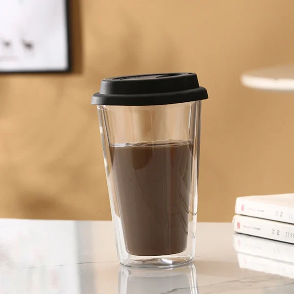 Double Walled Glass Coffee Mugs with Silicone Lids 350ml/12oz Reusable Glass Coffee Cups Insulated Hot/Cold Drinkware Cup 6