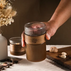 Japanese Style Glass Water Cup with Walnut Cup Sleeve Coffee Milk Tea Cup Simple Striped Beer Mug Drinkware Coffeeware 1