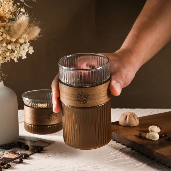 Japanese Style Glass Water Cup with Walnut Cup Sleeve Coffee Milk Tea Cup Simple Striped Beer Mug Drinkware Coffeeware 1