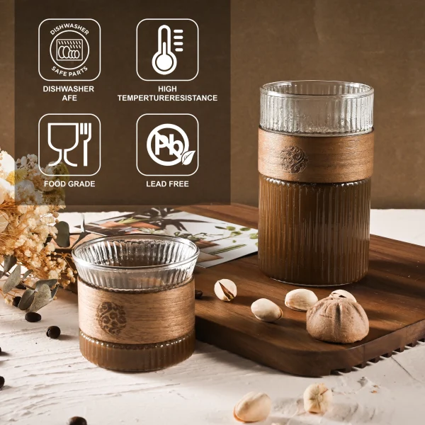 Japanese Style Glass Water Cup with Walnut Cup Sleeve Coffee Milk Tea Cup Simple Striped Beer Mug Drinkware Coffeeware 2