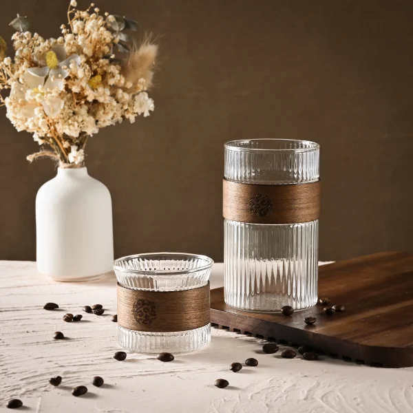 Japanese Style Glass Water Cup with Walnut Cup Sleeve Coffee Milk Tea Cup Simple Striped Beer Mug Drinkware Coffeeware 3