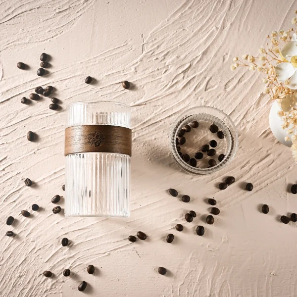 Japanese Style Glass Water Cup with Walnut Cup Sleeve Coffee Milk Tea Cup Simple Striped Beer Mug Drinkware Coffeeware 4