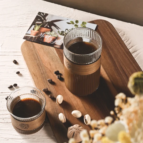 Japanese Style Glass Water Cup with Walnut Cup Sleeve Coffee Milk Tea Cup Simple Striped Beer Mug Drinkware Coffeeware 5