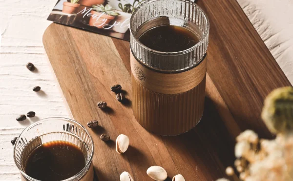 Japanese Style Glass Water Cup with Walnut Cup Sleeve Coffee Milk Tea Cup Simple Striped Beer Mug Drinkware Coffeeware 6