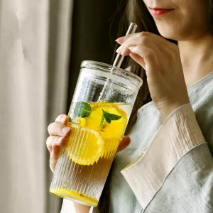 600ml Stripe Glass Cup Transparent Coffee Mug with Lid+Straw Tea Cup Juice Glass Milk Cup Kitchen Drinkware Wholesale 1