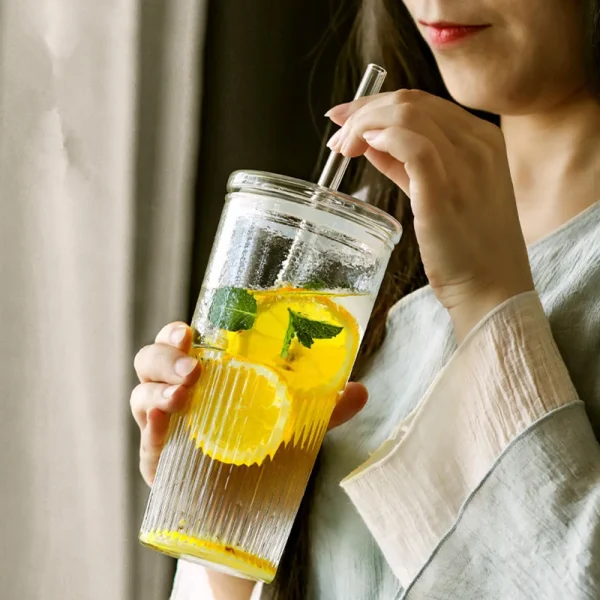 600ml Stripe Glass Cup Transparent Coffee Mug with Lid+Straw Tea Cup Juice Glass Milk Cup Kitchen Drinkware Wholesale 1