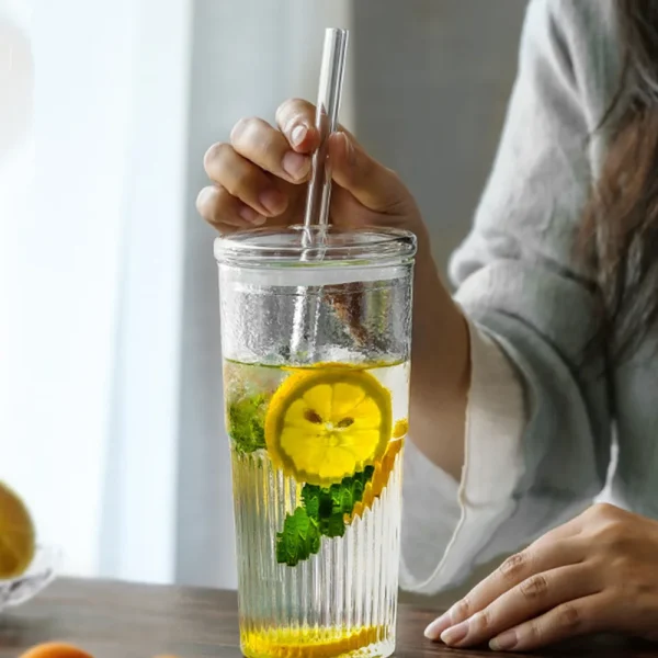 600ml Stripe Glass Cup Transparent Coffee Mug with Lid+Straw Tea Cup Juice Glass Milk Cup Kitchen Drinkware Wholesale 3