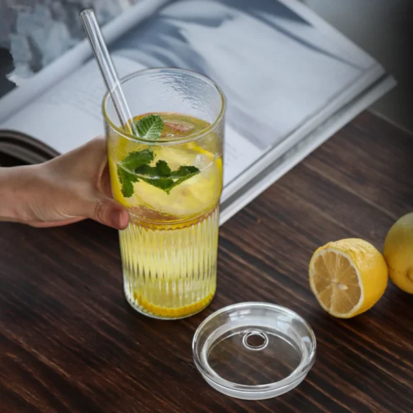 600ml Stripe Glass Cup Transparent Coffee Mug with Lid+Straw Tea Cup Juice Glass Milk Cup Kitchen Drinkware Wholesale 4