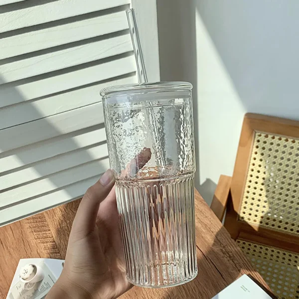 600ml Stripe Glass Cup Transparent Coffee Mug with Lid+Straw Tea Cup Juice Glass Milk Cup Kitchen Drinkware Wholesale 5