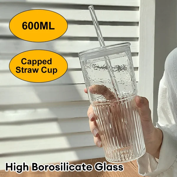 600ml Stripe Glass Cup Transparent Coffee Mug with Lid+Straw Tea Cup Juice Glass Milk Cup Kitchen Drinkware Wholesale 6