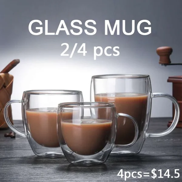 2/3/4Pcs Double Wall High Borosilicate Glass Mug Heat Resistant Tea Milk Lemon Juice Coffee Water Cup Bar Drinkware Lover Gift 1