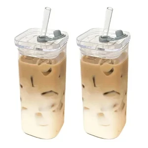 1Pcs Square Heat Resistant Coffee Glass Cup With Lid and Straw Transparent Milk Tea Juice Cups Coffee Mug For Home Bar Drinkware 1