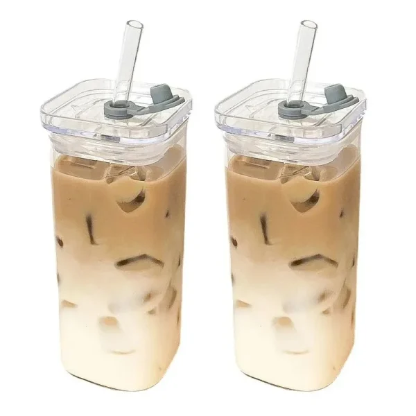 1Pcs Square Heat Resistant Coffee Glass Cup With Lid and Straw Transparent Milk Tea Juice Cups Coffee Mug For Home Bar Drinkware 1